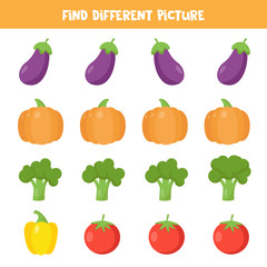Find different vegetable in each row. Educational worksheet for kids.