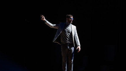 Business Conference Stage: Caucasian Visionary Startup CEO Presents New Product, Does Motivational...