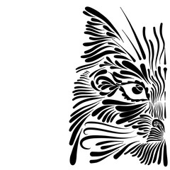 abstract shaggy fluffy head portrait face muzzle cat and lynx mythical animal with long black mustache on a white background