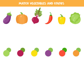 Match vegetable and its color. Cute carton beet, pepper, eggplant, pumpkin, cabbage.