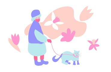 An elderly woman walks with a cat on a white background.Spring llustration with a people and an animal in flat style in shades of pink and blue color. Design for banners,posters,web,social networks.