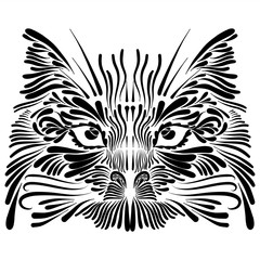 abstract shaggy fluffy head portrait face muzzle cat and lynx mythical animal with long black mustache on a white background