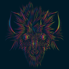 abstract shaggy head of a wolf and a mythical animal with big ears of pink and green and red and yellow colors on a dark blue background