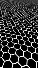 White honeycomb on a black background. Perspective view on polygon look like honeycomb. Isometric geometry. 3D illustration