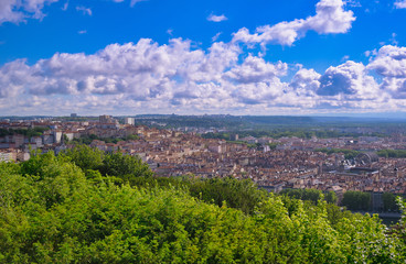 An aerial view of Lyon, France on a sunny day from Fourviere Hill.