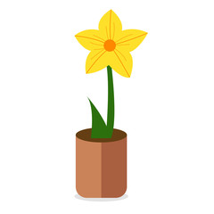 Home plant in flower on brown pot.Spring colorful flowers in pots. A creative vector illustration with white background