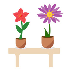 Home plant in flowerpot on brown table.Spring colorful flowers in pots. A creative vector illustration with white background
