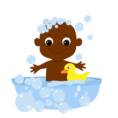 Little cute baby bathes in a bathtub with soap bubbles and a yellow rubber duck. The child  is African or African American and smiles happily. Cartoon character in flat style isolated on white.
