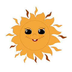 The bright yellow sun happily smiles. Cartoon joyful character with freckles. Illustration on white background. Image for children's design, prints and books.