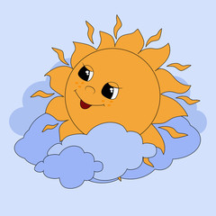The lovely yellow sun happily smiles in the sky in the clouds. Cartoon joyful character with freckles. Illustration of a heavenly body. Image for children's design, prints and books.