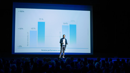 Startup Conference Stage: Speaker Presents New Product, Talks about Performance, Neural Networks,...