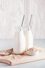Non dairy oat milk in glass bottles with reusable metal straws. Healthy vegan milk alternative still life, copy space. Substitute for traditional cow milk with oat flakes, healthy lifestyle concept