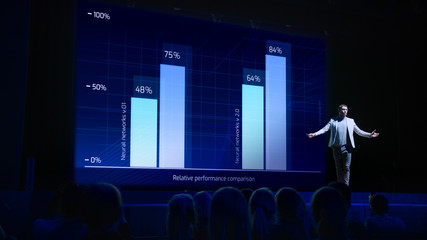 Business Forum Economics Conference Stage: Professional Speaker Concludes His Report with a Speech...