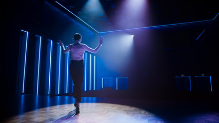 Famous Female Entertainer Gets on the Stage, Greets Audience, Starts Performance. Software Company...