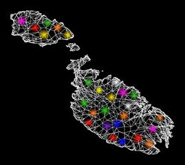 Web mesh vector map of Malta with flare effect on a black background. Abstract lines, light spots and circle dots form map of Malta constellation.
