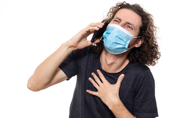 Buisnessman in medical mask. Pandemic coronavirus epidemic covid-19 quarantine isolated phone