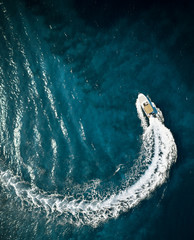 Speed boat in mediterranean sea, aerial view