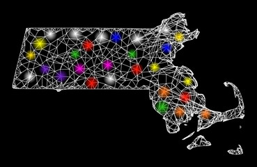 Web mesh vector map of Massachusetts State with glare effect on a black background. Abstract lines, light spots and dots form map of Massachusetts State constellation.