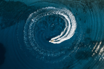 Speed boat in mediterranean sea, aerial view