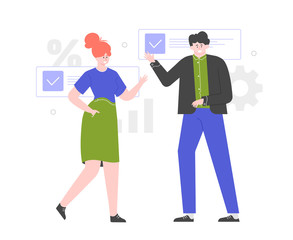 A man and a woman in business clothes are standing nearby, waving a hand in greeting. Accomplishment of tasks, teamwork, time managment. Project managers. Vector flat illustration.