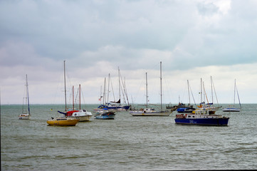 Yachts on the anchoring in the Black sea near south cost of Crimea