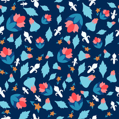 Abstract floral seamless pattern. Bright paints painted on a dark blue background. Can be used for printing wallpapers, fabric decor, textiles.