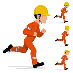 An industrial worker is running on white background