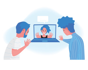 A cartoon of 2 men and a lady having video conference with computer