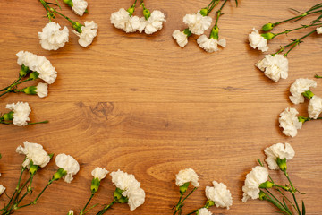 Composition of white Carnations on a brown background