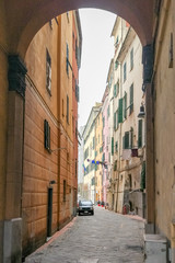 Narrow alleys of the historical center of Savona, Liguria, Italy