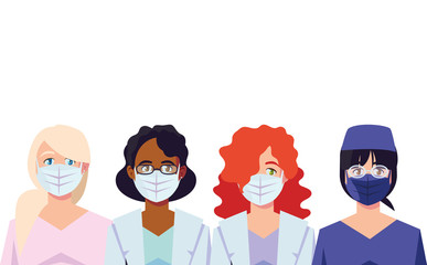 Women doctors with uniforms and masks vector design
