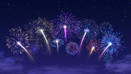 Fireworks arc on starry night sky. Firecracker festival, colorful firework burst and holiday celebration vector background illustration - obrazy, fototapety, plakaty