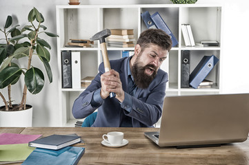 Human emotions. Computer lag virus. angry businessman or manager with sledgehammer. aggressive...