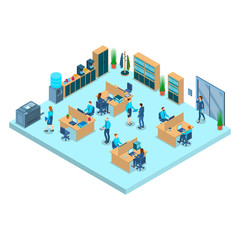 Color Characters People and Agency Office Interior Inside Concept 3d Isometric View. Vector