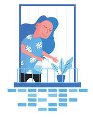 A cartoon of person is watering a plant at balcony during a quarantine period at home