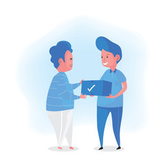 Obraz premium A cartoon of delivery man deliver a parcel to customer after he order it online
