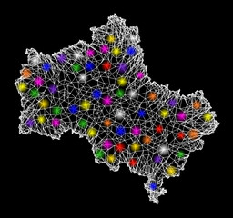 Web mesh vector map of Moscow Region with glitter effect on a black background. Abstract lines, light spots and circle dots form map of Moscow Region constellation.