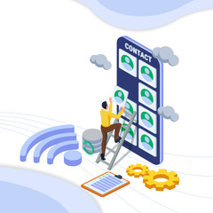 Man managing contact on the cloud service. Isometric cloud backup illustration. Vector