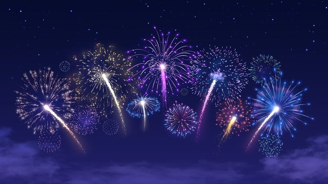 Fireworks arc on starry night sky. Firecracker festival, colorful firework burst and holiday celebration vector background illustration