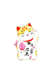 Watercolor illustration of Japanese cat Maneki-neko on a white background.
