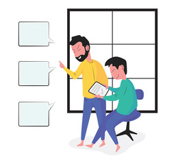 A cartoon of two men and are working at home with a tablet, Ipad on his hand