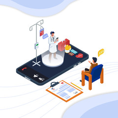 Fototapeta premium Man do online communication with doctor in mobile phone technology. Isometric healthcare online service. Vector