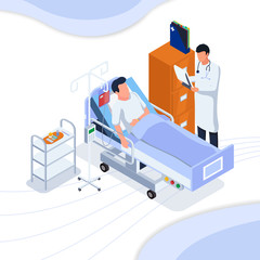 Doctor checking patient information that sleeping on the bed. Isometric medical service. Vector