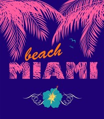 Obraz premium Violet background with Miami beach lettering, pink coconut palm leaves, blue hibiscus and seagull for night beach party invitation, poster, t shirt, textile and bag print and other design