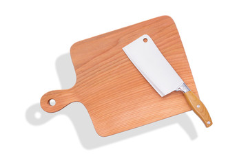 Natural wooden cutting board with a knife, kitchen tools.