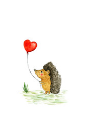 Watercolor illustration of hedgehog with heart or Valentine's card on a white background.