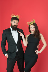 Vice of luxury. Beauty queen and big boss enjoy luxury. Business couple wear luxury crowns. Rich man and woman. Pride and recognition. Prom party. Luxury lifestyle