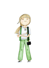 Watercolor illustration of cartoon blonde girl with a camera on a white background.