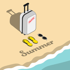 Naklejka premium Isometric summer time vector with sunglasses flip-flops and suitcase.