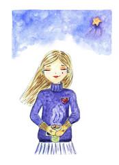 Watercolor illustration of a cartoon girl in winter with cocoa and in a warm sweater